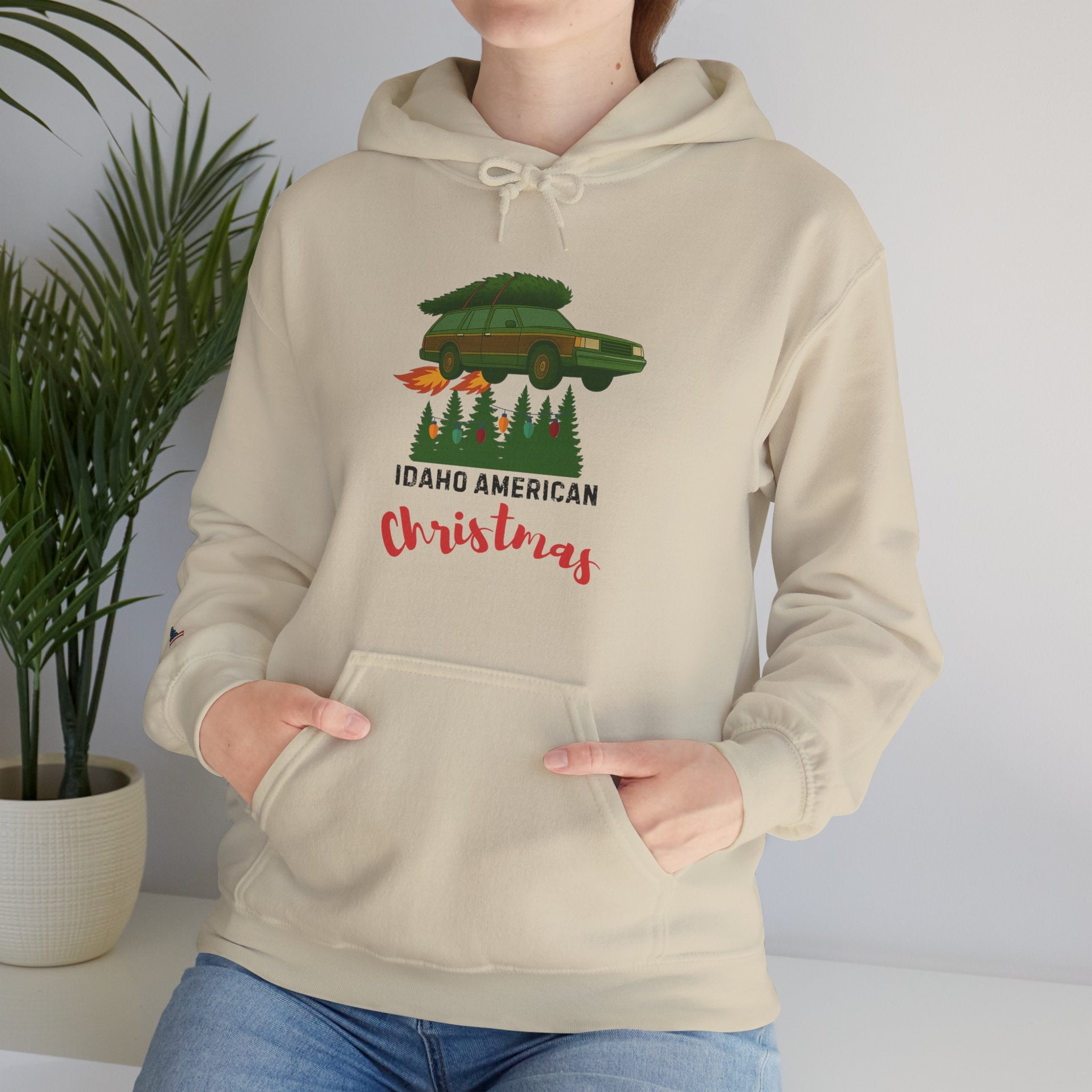 "Idaho American Christmas Holiday Vacation" Hoodie with Sleeve Logo
