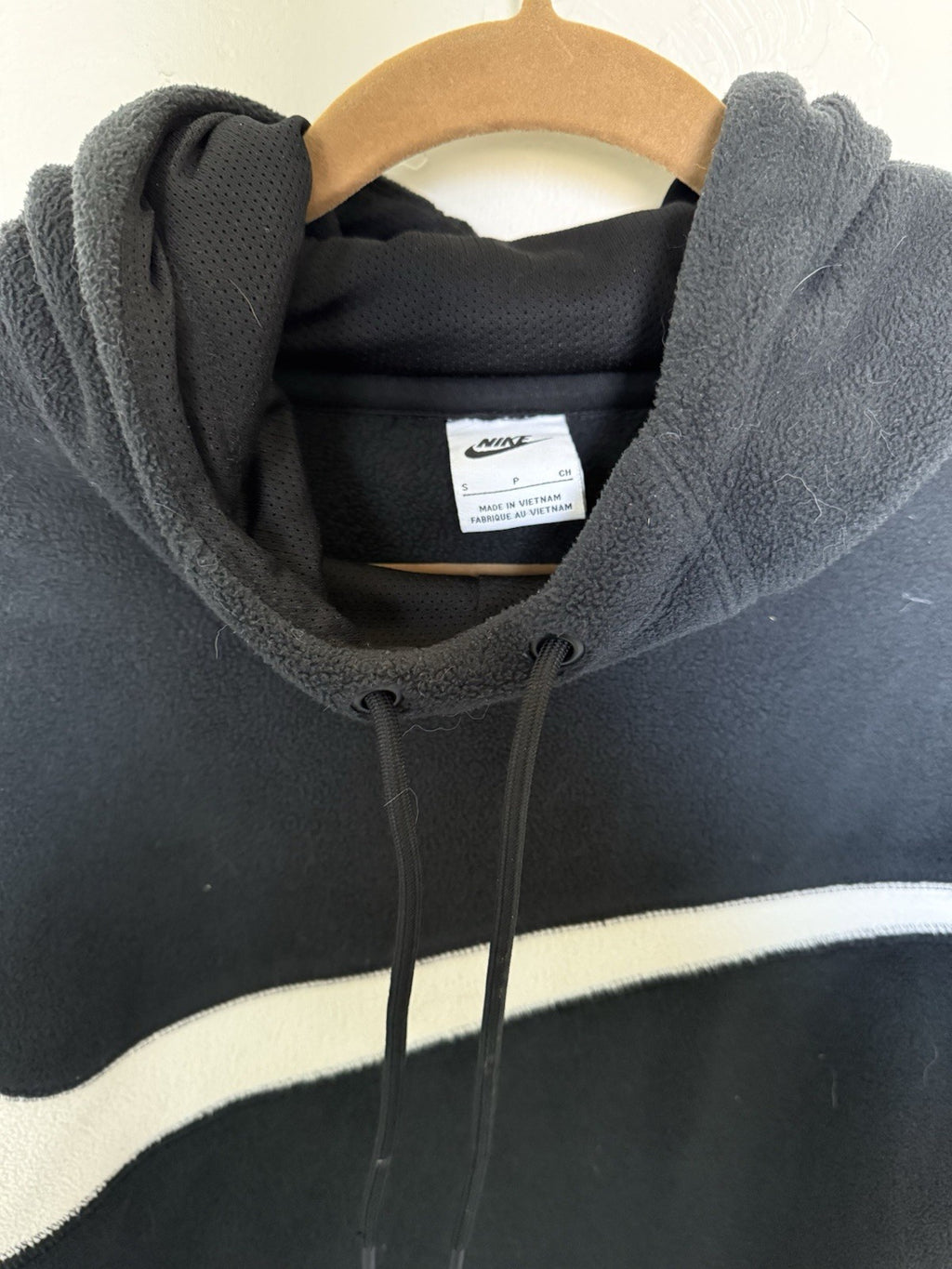 Nike large swoosh black and white fleece hoodie size small