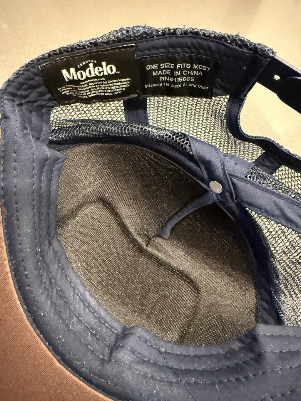 Modelo Hat  Mens One Size  Snap Back Blue & Brown Mesh Trucker Beer Patch Cap 