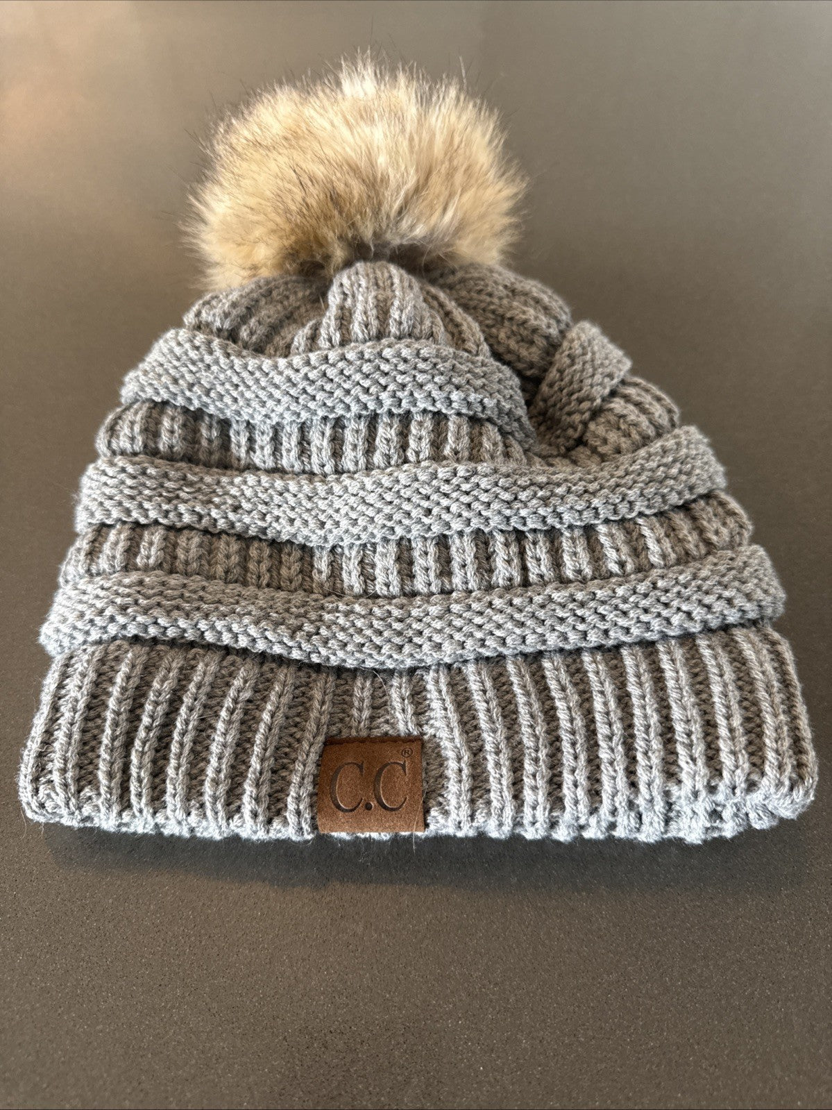 C.C Exclusive Womens Gray Knit Beanie Faux Fur Pom Warm & Soft