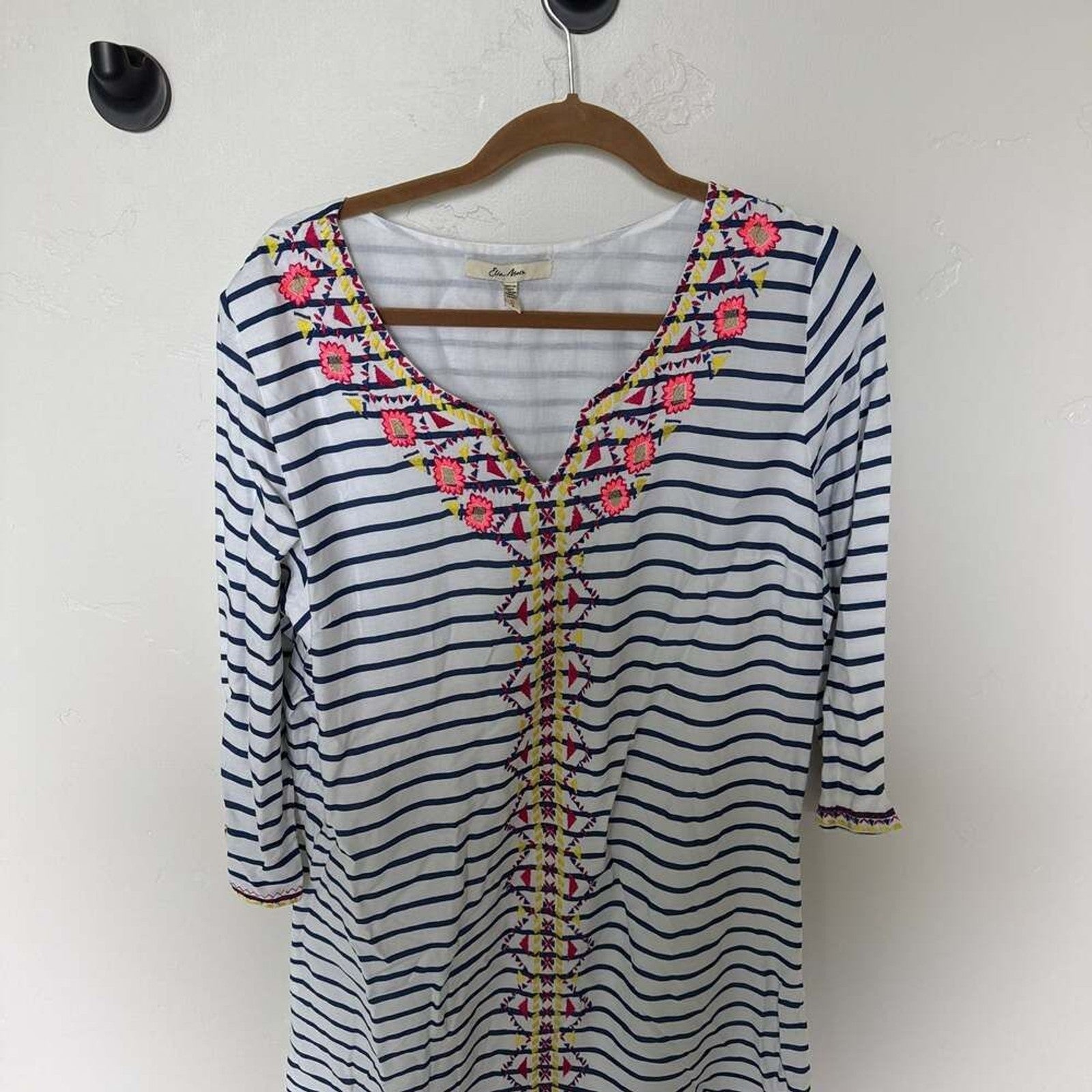 Ella Moon Blue and White Striped Tunic Dress With Colorful Embroidery Detail LRG